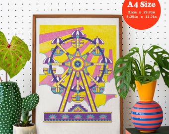 A4 Art Print 'Dreamland Wheel' - Original Art, Risograph Style, Ferris Wheel, Nursery, Child's Room, Fairground, Summer, Fun, Gift