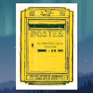 A4 Art Print 'La boîte aux lettres' - Original Art, Linocut Style, 2-Colour, Postbox, French, Paris, Letterbox, Postal, Mail, Gift, Yellow