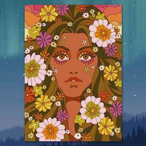 A5 Kunstdruck &#39;Blumenmädchen (grün)&#39; - Psychedelic, 60s, 70s, Retro, Mod, Floral, Flower Power, Hippie, Vintage Style, Summer of Love, Geschenk