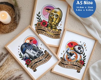 3 Art Print Set - A5 Size 'The Droid You're Looking For' - Star Wars, Tattoo Flash, Old School, BB8, R2D2, C3PO, Set of 3, Gallery Wall