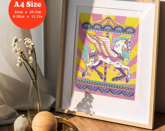 A4 Art Print 'Dreamland Carousel' - Original Art, Risograph Style, Merry-Go-Round, Nursery, Child's Room, Fairground, Pegasus, Fun, Gift