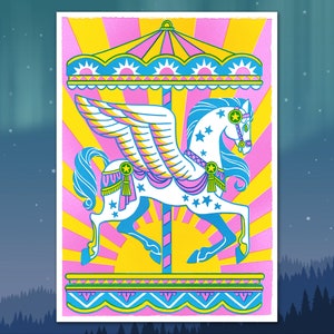 A4 Art Print &#39;Dreamland Carousel&#39; - Original Art, Risograph Style, 3-Colour, Merry-Go-Round, Fairground, Pegasus, Bright, Fun, Gift, Cute