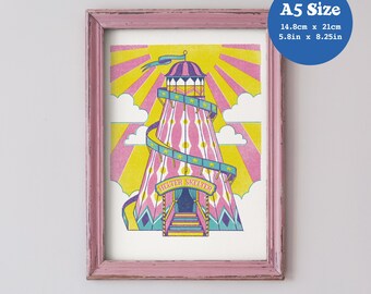 A5 Art Print 'Dreamland Helter Skelter' - Original Art, Risograph Style, Ride, Tower, Nursery, Child's Room, Fairground, Summer, Fun, Gift