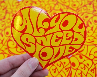 Vinyl Sticker, 'All You Need Is Love' 11cm - Beatles, Heart, 60s, Groovy, Paul, John, Ringo, George, Peace, Sixties, Vintage-Inspired