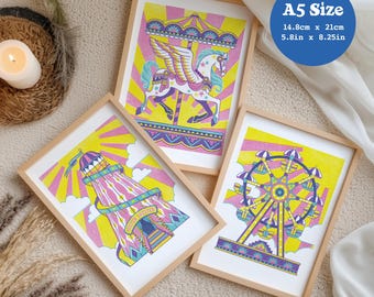 3 Art Print Set - A5 Size 'Dreamland' - Original Art, Risograph Style, Ride, Carousel, Nursery, Child's Room, Fairground, Summer, Fun, Gift