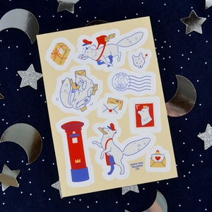 Arkusz naklejek winylowych A6 „Fox Post Express” – lis polarny, uroczy, prezent, pocztowy, poczta, dziennik, planer, album, dziennik Bullet, artykuły papiernicze