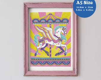 A5 Art Print 'Dreamland Carousel' - Original Art, Risograph Style, Merry-Go-Round, Nursery, Child's Room, Fairground, Pegasus, Fun, Gift