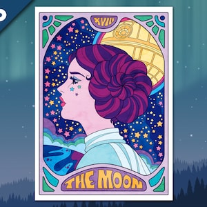 A5 Kunstdruck 'Der Mond' - Star Wars, Leia Organa, Tarot, Psychedelisch, 60er, 70er, Carrie Fischer, Prinzessin Leia, Todesstern, Eine neue Hoffnung