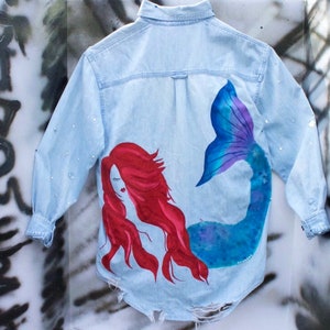 Aspiring Mermaid Hand-Painted Unisex Oversized Shirt. Grunge Distressed Denim. Gems Down Arms.