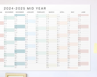 2024 - 2025 Mid Year Wall Planner, July to June, Wall Calendar, A3 Long Wall Planner, Pastel Colours