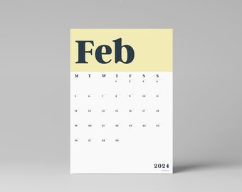 2023 - 2024 Wall Calendar Sheets, Start any Month, Mid Year Calendar, Monday Start, Single Sheets, A4 Size, Yellow, Grey