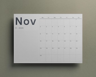 A3 Wall Calendar 2026–2027, Dated Monthly Sheets, Flexible Start Month, Individual Pages, Landscape