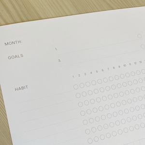 K&ouml;nnte beinhalten: Ein wei&szlig;er Habit-Tracker mit einem Abschnitt f&uuml;r Ziele und einem Monatskalender mit 13 Spalten f&uuml;r jeden Tag des Monats. Der Kalender hat Reihen von Kreisen zum Abhaken der t&auml;glichen Gewohnheiten.