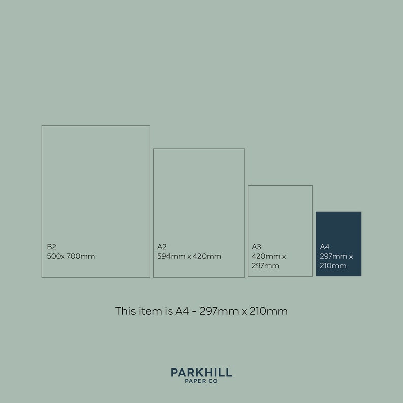 K&ouml;nnte beinhalten: Diagramm, das die verschiedenen Papiergr&ouml;&szlig;en zeigt, darunter B2, A2, A3 und A4. Die Papiergr&ouml;&szlig;e A4 ist hervorgehoben mit dem Text "This item is A4 - 297mm x 210mm".