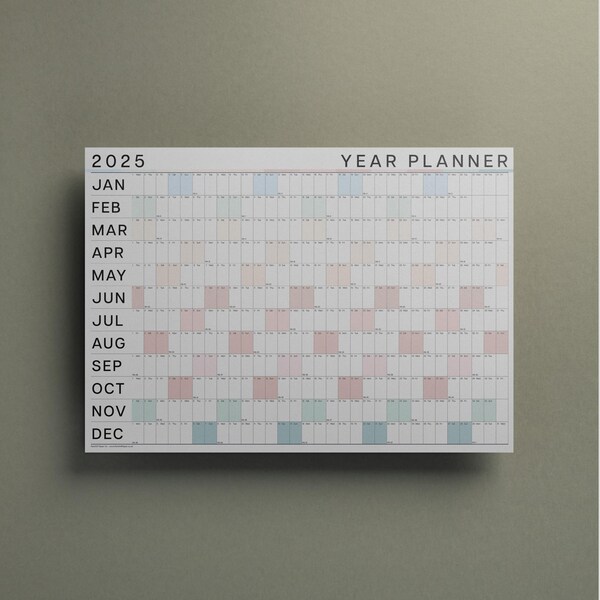 2025 Large Colour Wall Planner | Year Planner | Coastal Colours | Year At A Glance | 2025 Wall Calendar | Monthly Planner