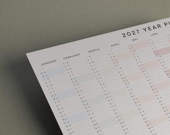 2027 A3 Long Wall Planner, Pastel Colours Year Planner