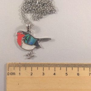 May include: A silver-toned bird pendant necklace. The bird has a red breast, white belly, and iridescent blue and green wing. The necklace chain is also silver. The pendant is approximately 1.5 inches long.