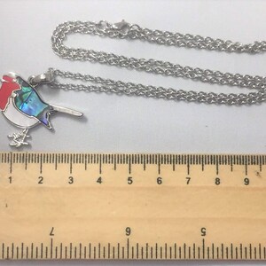 May include: A silver-colored necklace with a bird pendant. The bird pendant has a red head, white body, and iridescent blue and green accents. The necklace chain is a delicate silver color.