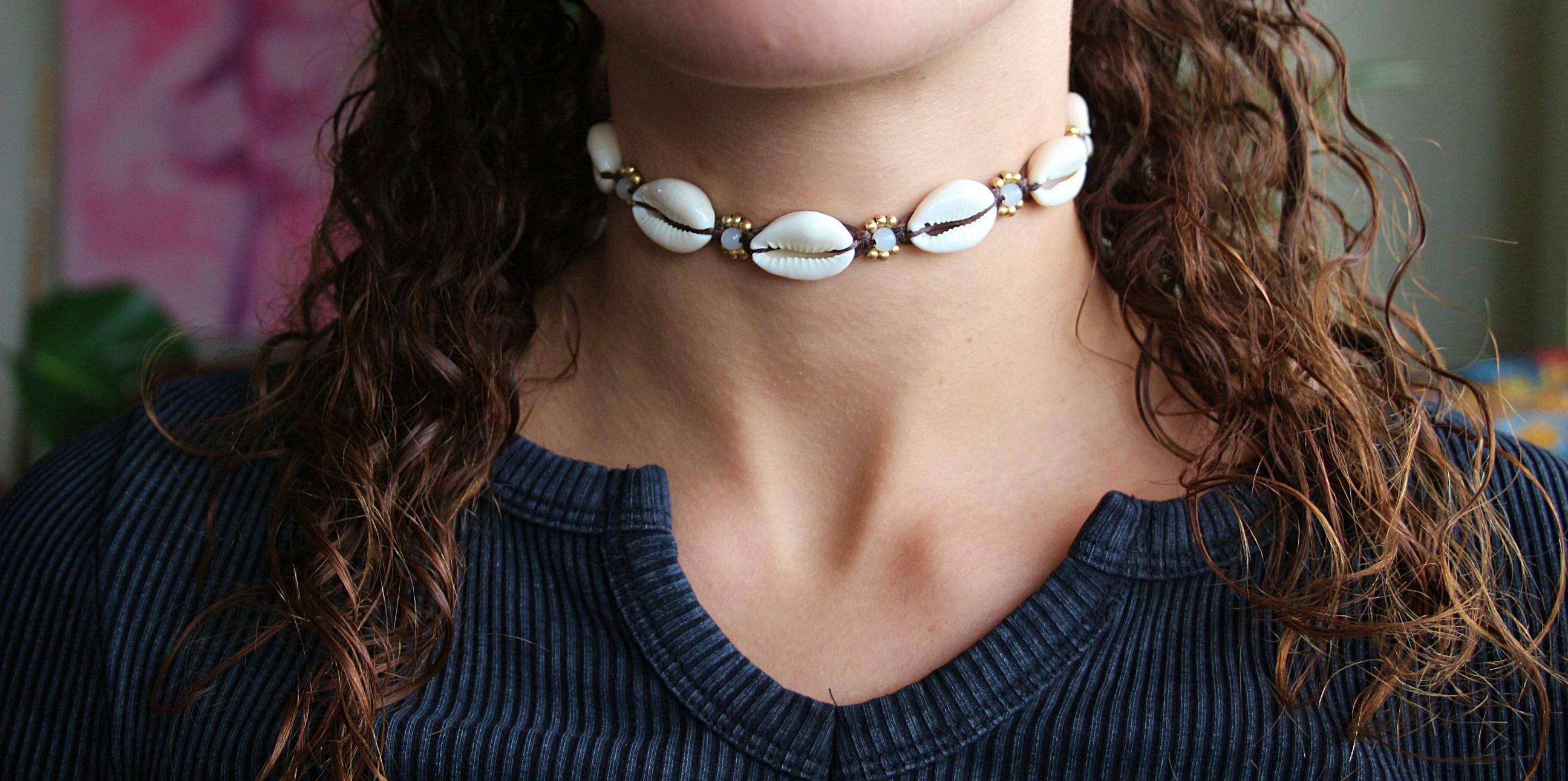 Cowrie Shell Choker on Brown Cord With Turquoise Coloured Bead and ...