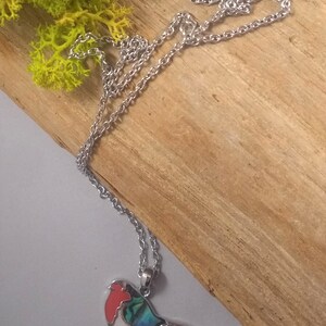 May include: A silver-toned necklace with a bird pendant. The bird pendant features a red breast, white belly, and iridescent blue and green wings. The necklace is displayed on a wooden surface with a sprig of yellow-green moss.