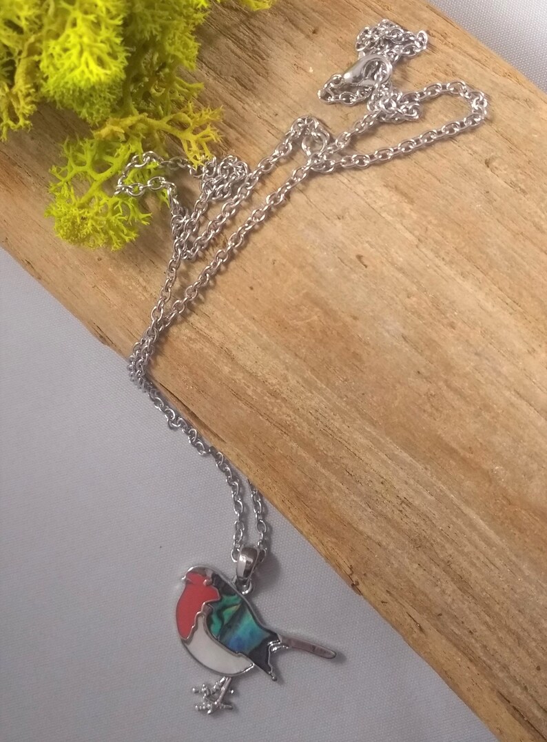 May include: A silver-toned necklace with a bird pendant. The bird pendant features a red breast, white belly, and iridescent blue and green wings. The necklace is displayed on a wooden surface with a sprig of yellow-green moss.