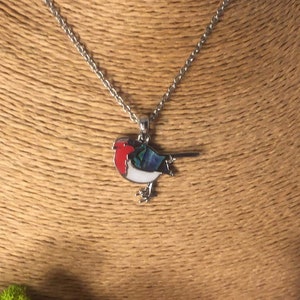 May include: A silver-toned necklace featuring a pendant in the shape of a bird. The bird pendant has a red breast, white belly, and blue and green wings. The bird is perched on a silver chain.