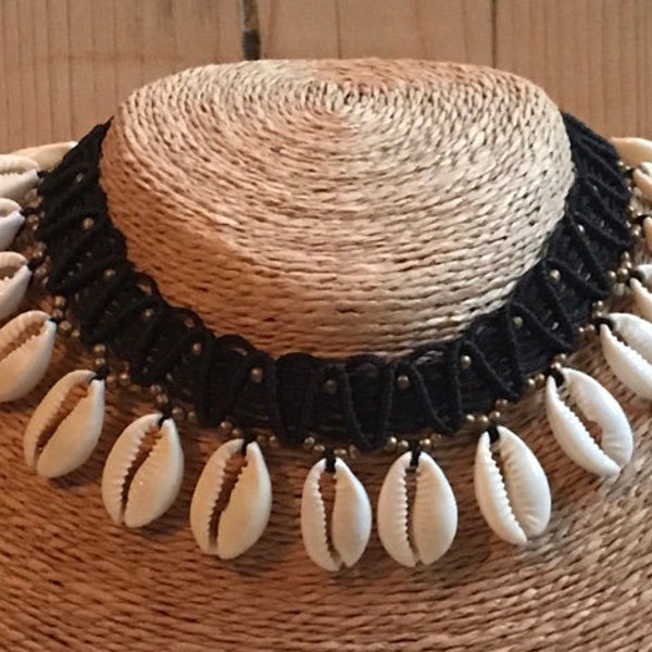 Cowrie Shell Macrame Choker Necklace with black cord, Boho, Ethnic, Tribal, Stylish