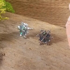 May include: A pair of silver-colored snowflake stud earrings. Each earring features a detailed snowflake design with a central iridescent stone. The earrings are displayed on a wooden surface, suggesting a nature-inspired theme.
