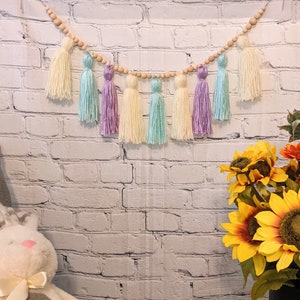Pastel Yarn Tassel Garland with Wood Beads