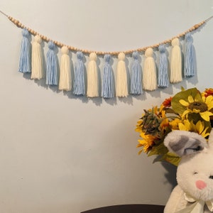 Baby Boy Nursery Decor Wall Hanging Baby Boy Soft Blue Yarn Tassel Garland with Wood Beads