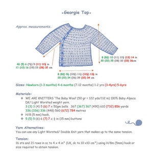 May include: Diagram of a knitted baby top, labeled "Georgie Top," with measurements in inches and centimeters. The diagram includes sizes for newborns to 5-6 year olds, along with materials and yarn alternatives. The top has a button closure.