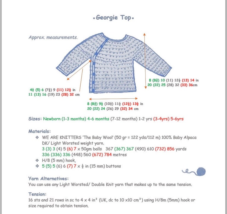 May include: Diagram of a knitted baby top, labeled "Georgie Top," with measurements in inches and centimeters. The diagram includes sizes for newborns to 5-6 year olds, along with materials and yarn alternatives. The top has a button closure.