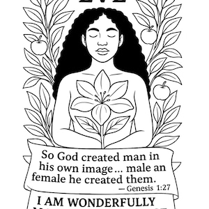 May include: Monochrome illustration of Eve, featuring the name "EVE" at the top. The artwork incorporates floral elements and a quote from Genesis 1:27, focusing on creation and the divine image.