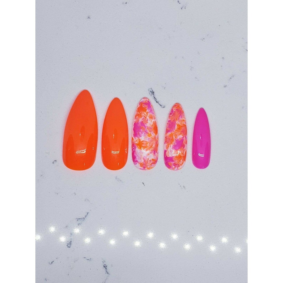 Custom Luxury Press on Nails 10 Pc Set Neon Pink Orange White - Etsy