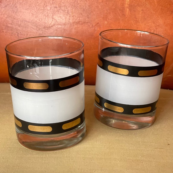 Pair of Culver Style Gold, Black and Frosted Double Rocks Cocktail Glasses