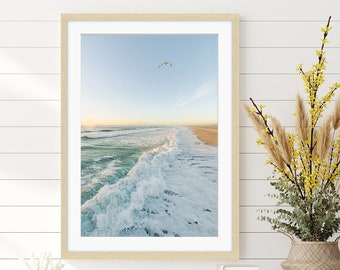 Blue Beach Print, Beach Photography, Pastel Ocean Print, Large Poster Wrightsville Beach Art, Surf Print, beach travel art, Coastal Decor