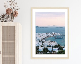 Sunset Greece Print, Mykonos Landscape Art, Coastal Travel Photography, Mediterranean Art, City Architecture Print, Aegean Sea Blue Wall Art