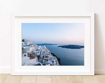 Sunset Caldera Greece Print, Fira Santorini Landsape, Blue Wall Art, Coastal Travel Photography, Mediterranean Art, Sunset Greek art
