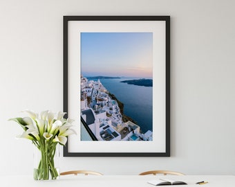 Sunset Caldera Greece Print, Fira Santorini Landscape, Blue Wall Art, Coastal Travel Photography, Aegean Sea Photograph, Blue Hour Greek art