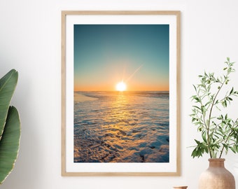 Sunset Beach Print, Colorful Beach Photography, Teal Blue Wall Art Ocean Print, Coastal Living Room Decor, Large Wall Art, Surf Print