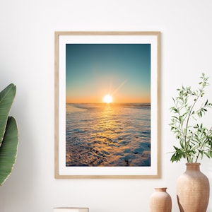 Sunset Beach Print, Colorful Beach Photography, Teal Blue Wall Art Ocean Print, Coastal Living Room Decor, Large Wall Art, Surf Print