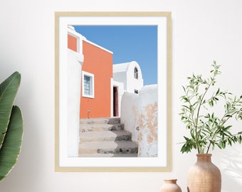 Santorini Greece Print, Colorful Blue Wall Art, Orange and Blue Travel Photography, Mediterranean Art, Architecture Print, Colorful Wall Art