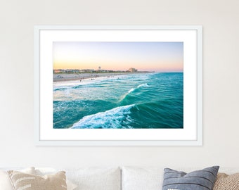 Framed Beach Print, Sunset Beach Photography, Teal Blue Wall Art, Modern Coastal Decor, Large Wall Art Black, White, Wood Frame