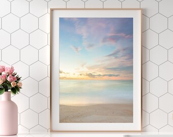 Pastel Blue Beach Print, Sunset Beach photography, Coastal Boho Living Room Decor, Dorm Wall Art, Surf Print, Canvas Large Wall Art