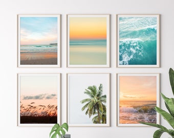 Set of 6 Beach Prints, Colorful Beach Photography, Sunset Tropical Print, Dorm Art, Set of beach prints, surf print, Coastal wall art