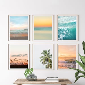 Set of 6 Beach Prints, Colorful Beach Photography, Sunset Tropical Print, Dorm Art, Set of beach prints, surf print, Coastal wall art image 1