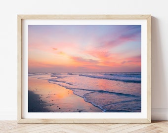 Sunset Beach Print, Colorful Beach Photography, Pink Blue Wall Art, Ocean Print, Coastal Living Room Decor, Large Wall Art, Surf Print