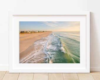 Aerial Wrightsville Beach Print, Sunset Beach Photograph, Large Poster Ocean Art, Tropical Surf Print, Coastal Decor