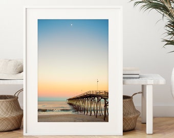 Yellow Sunset Beach Print, Pier Beach Photography, Modern Coastal Decor, Living Room Decor, Large Wall Art Tropical Print, Surf Print