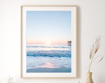 Blue Beach Print, Calming Blue Wall art, Sunset Beach Photography, Pastel Ocean, Large Beach Art, Tropical Prints, Coastal Beach House Decor